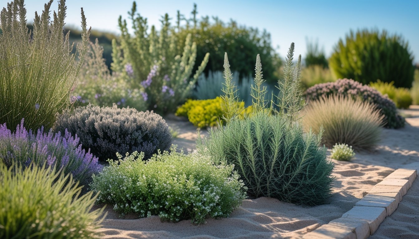 A garden with native UK shrubs adapted to dry conditions, showing various green and flowering plants growing in sandy soil under a clear sky.