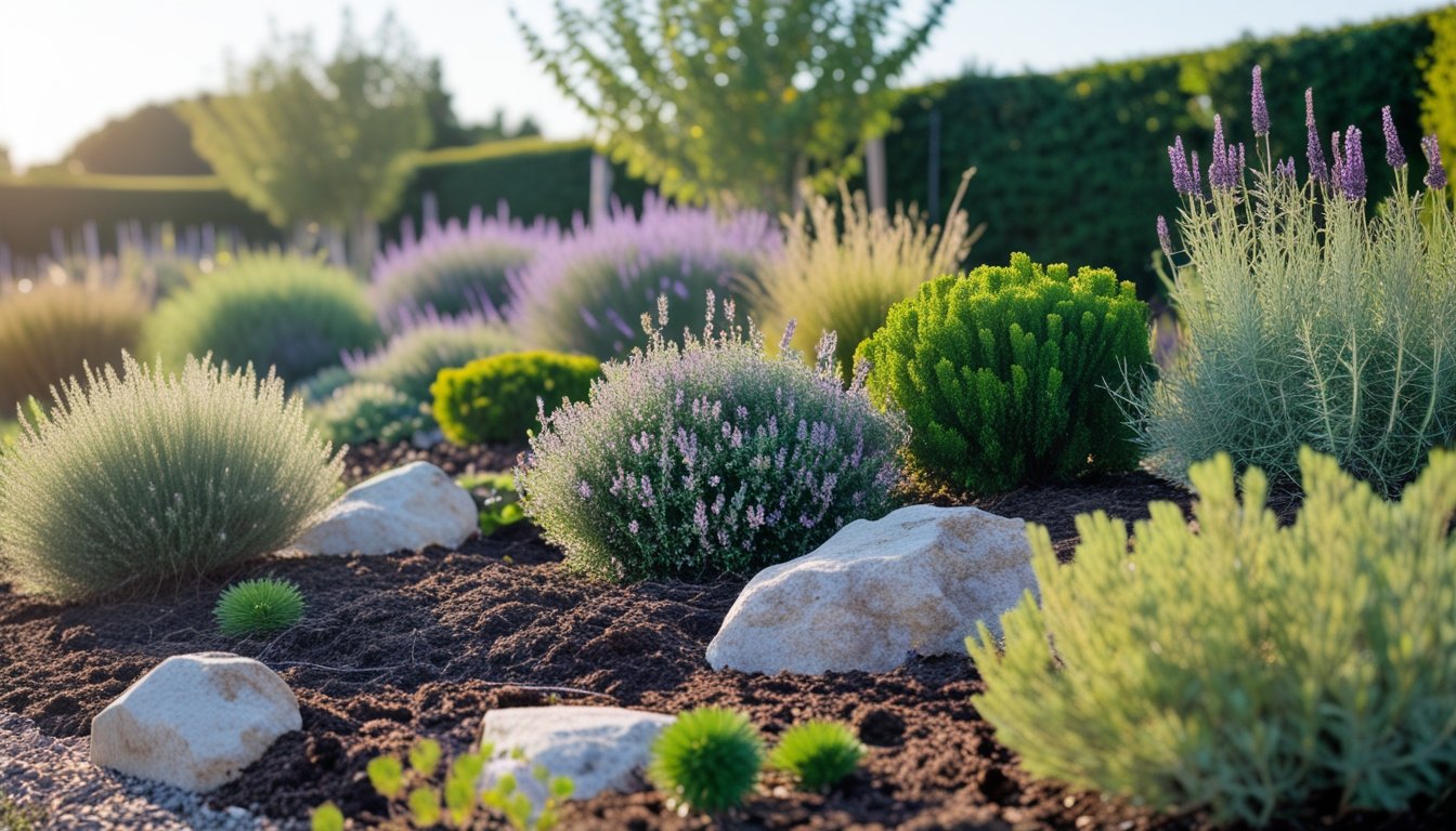 A drought-resistant garden with native UK shrubs, mulched soil, rocks, and irrigation, under a clear blue sky.