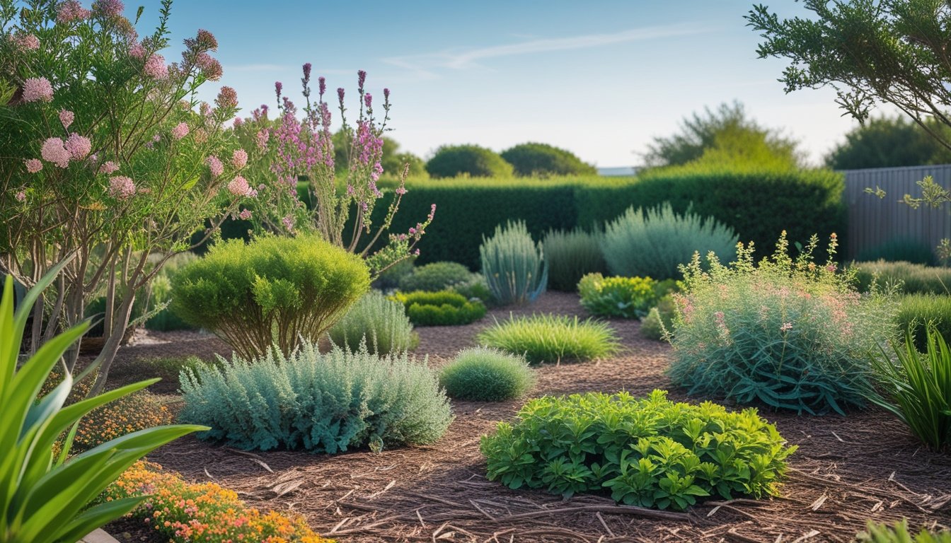 A drought-resilient garden with native UK shrubs, showing green plants and flowers under a clear blue sky.
