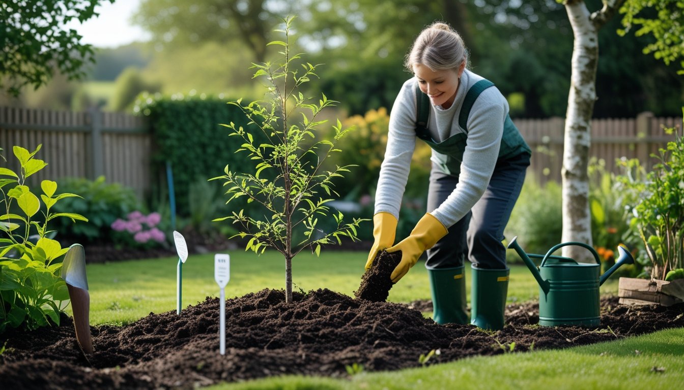 A gardener planting a young native tree sapling in a UK garden surrounded by native plants and greenery.
