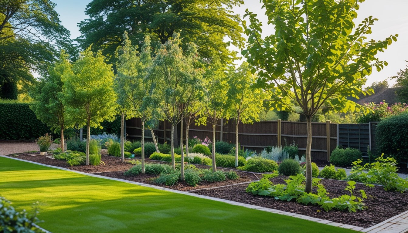 A garden with several native UK trees including oak, silver birch, and rowan, surrounded by green grass and flowering plants.