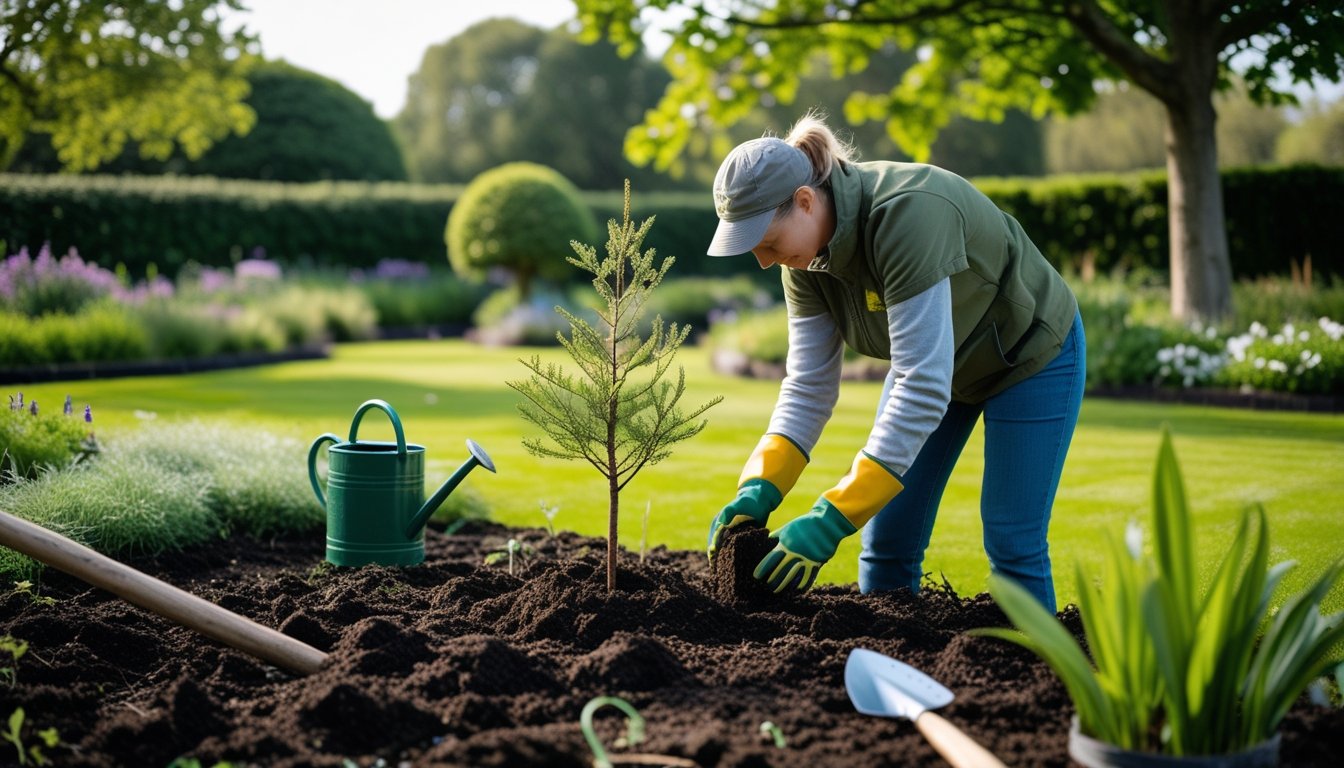 A gardener planting a young native tree sapling in a UK garden surrounded by gardening tools and mature trees.