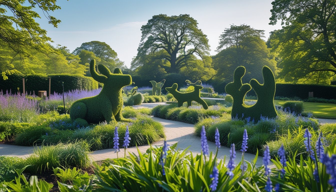 A peaceful UK garden with native plant sculptures shaped like animals among trees and wildflowers under a clear sky.