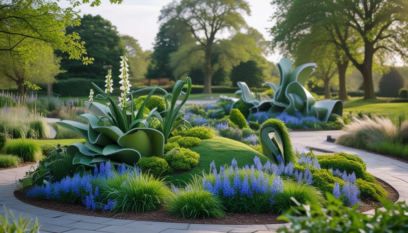 Outdoor garden with large sculptures made from native UK plants surrounded by trees and pathways.