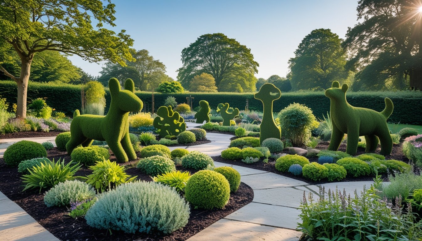 A landscaped UK garden with native plants shaped into sculptures surrounded by flowers, stone paths, and trees under a clear sky.