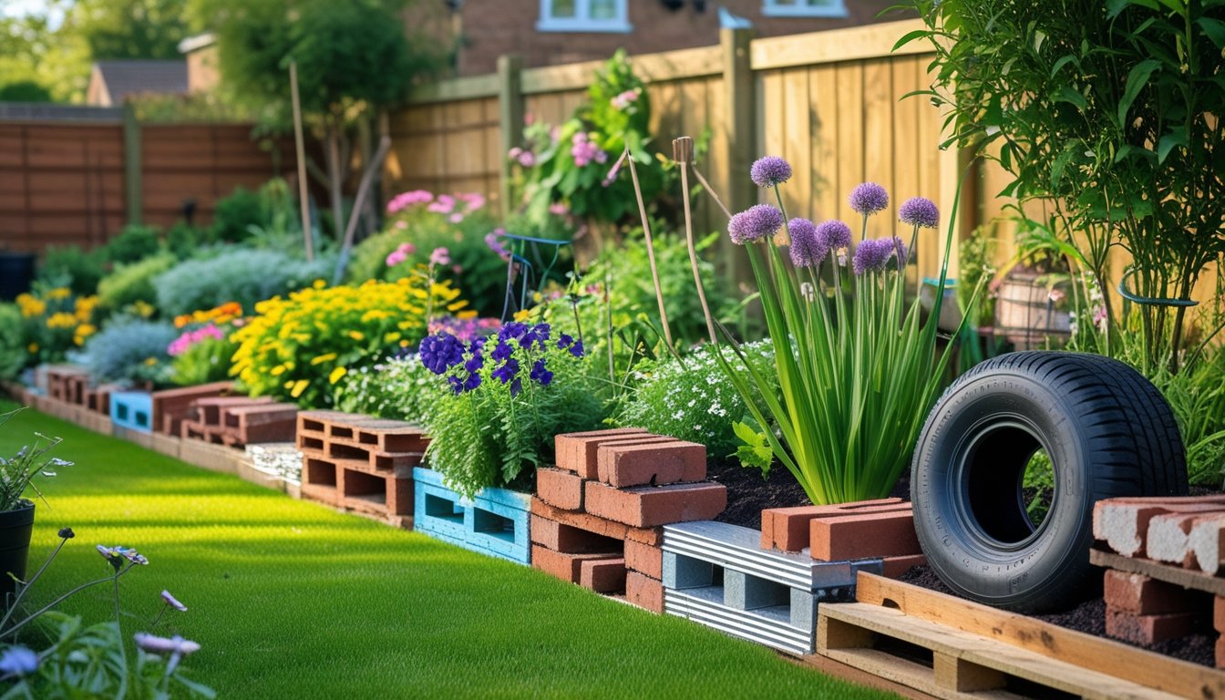 A colourful UK garden with flowers and plants bordered by recycled materials like painted wood, bricks, metal sheets, and tyres.