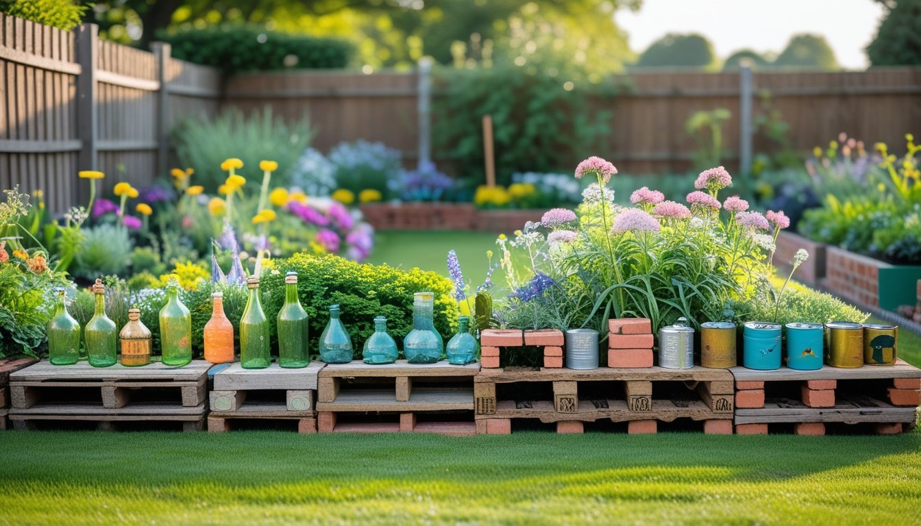 A colourful garden with flowers and plants bordered by creative recycled materials like wooden pallets, glass bottles, bricks, and metal cans.