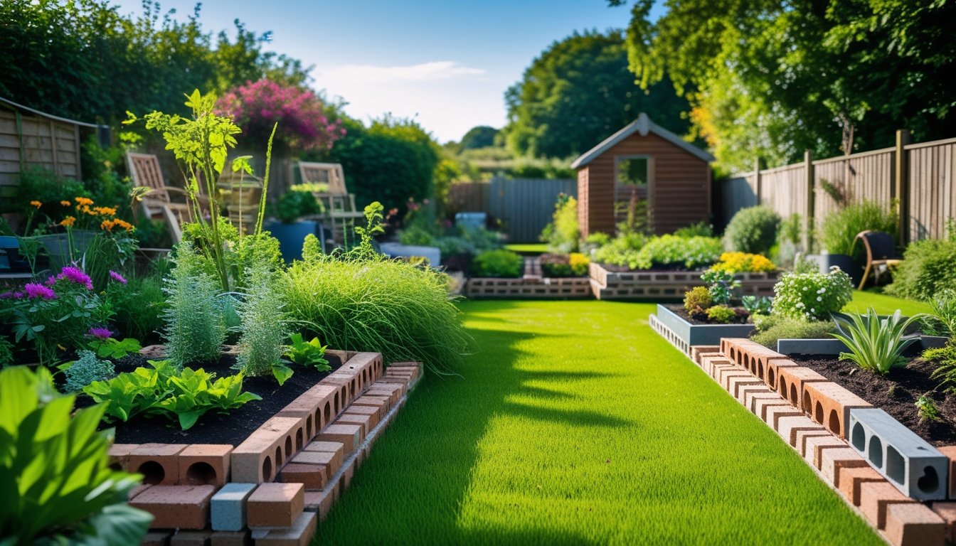 A UK garden with colourful flowers and green grass bordered by recycled wood, bricks, and metal materials under a clear sky.