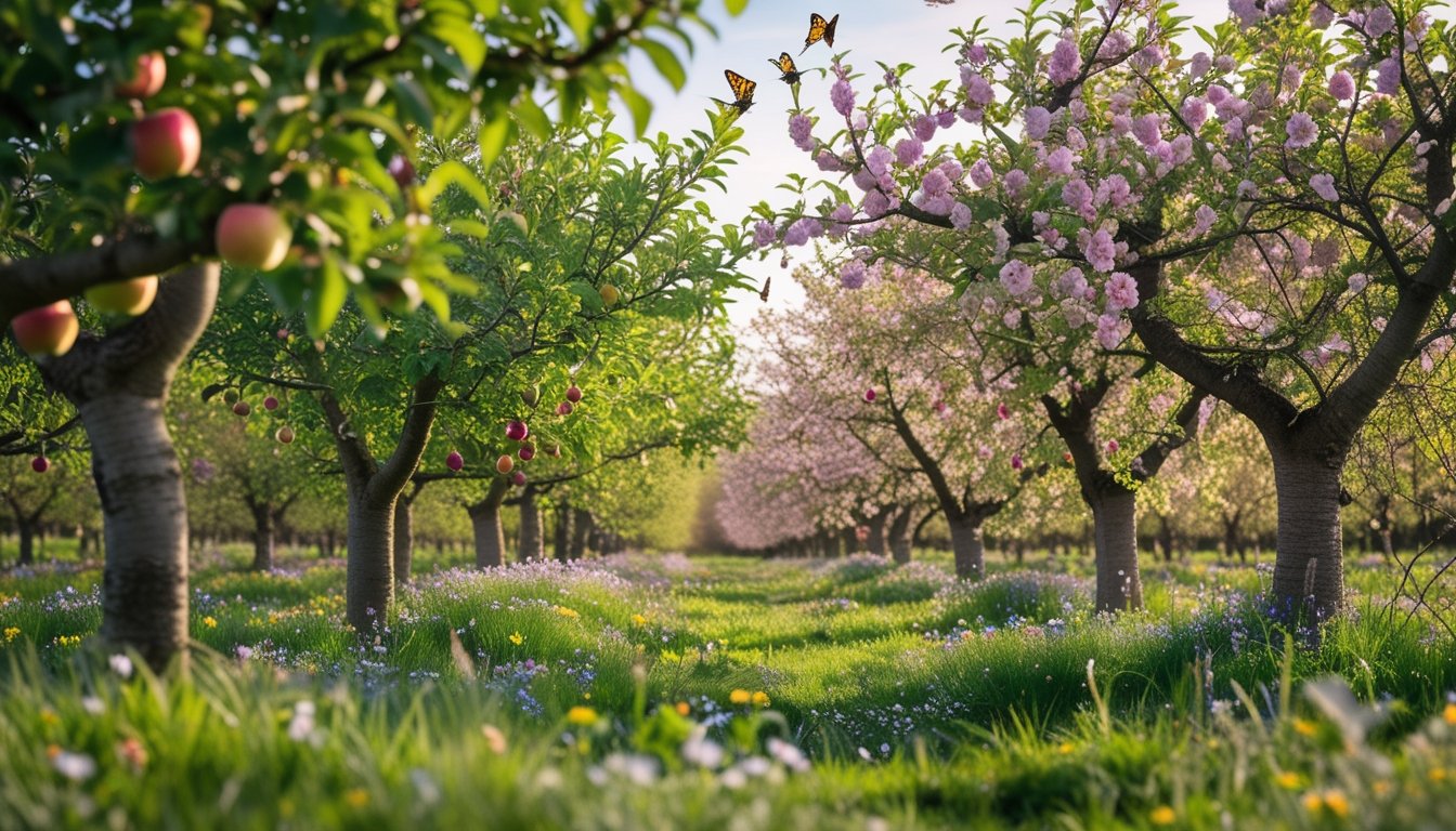 A native UK orchard with blossoming fruit trees, bees and butterflies pollinating flowers, birds in the branches, and wildflowers growing beneath the trees.